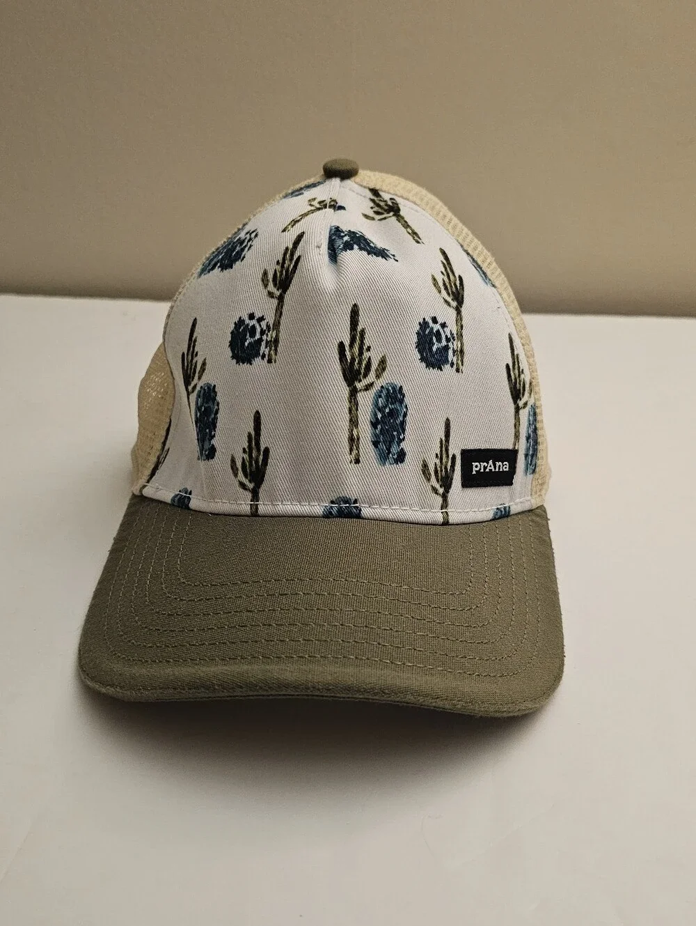Prana Lower Pines Trucker Hat in Olive, Cream & Blue Cactus Print